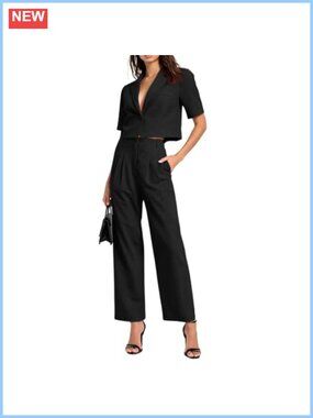 Womens 2 Piece Suit Set Cropped Blazer Wide Leg Pants Business Outfit